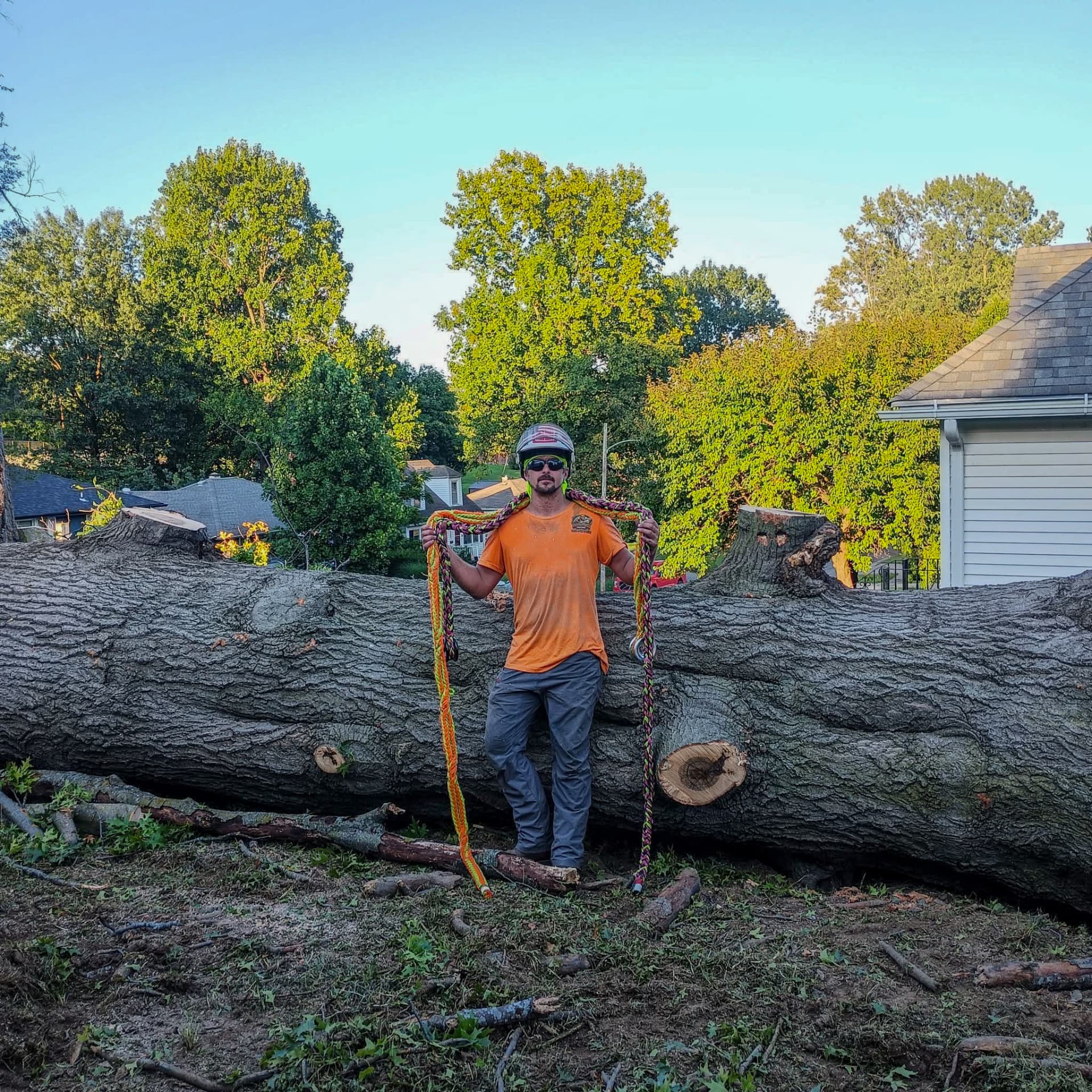 Drew, owner and climber, Ground Up Tree Care Drew, owner and climber at Ground Up Tree Care, standing with rigging ropes on a felled hardwood trunk